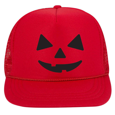 Youth Kid's Pumpkin Happy Face Puff Halloween Printed 5 Panel High Crown Foam Mesh Back Trucker Hat for Boys and Girls