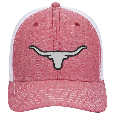 Longhorn Leatherette Patch Cotton Blend Chambray 6 Panel Low Profile Mesh Back Trucker Hat - For Men and Women