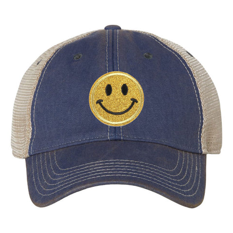 Yellow Glitter Happy Face Embroidered Patch 6 Panel Unstructured Low Profile Mesh Back Old Favorite Trucker Caps