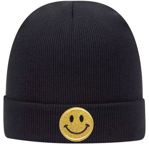 Yellow Glitter Happy Face Superior Cotton Blend 12" Classic Knit Cuff Beanies for Men & Women