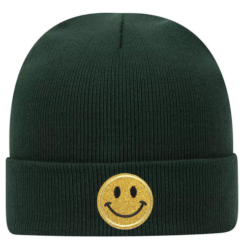 Yellow Glitter Happy Face Superior Cotton Blend 12" Classic Knit Cuff Beanies for Men & Women