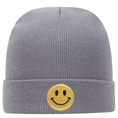 Yellow Glitter Happy Face Superior Cotton Blend 12" Classic Knit Cuff Beanies for Men & Women