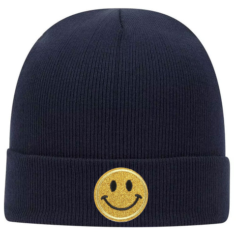 Yellow Glitter Happy Face Superior Cotton Blend 12" Classic Knit Cuff Beanies for Men & Women