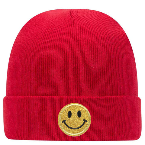 Yellow Glitter Happy Face Superior Cotton Blend 12" Classic Knit Cuff Beanies for Men & Women