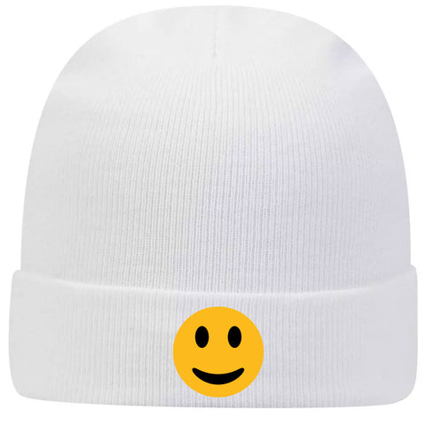 Yellow Happy Face Suede Like Feel Printed Superior Cotton Blend 12" Classic Knit Cuff Beanies for Men & Women