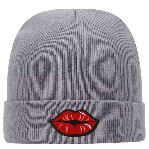 Red Kiss Lips Embroidered Patch Superior Cotton Blend 12" Classic Knit Cuff Beanies for Men & Women