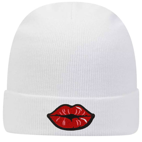 Red Kiss Lips Embroidered Patch Superior Cotton Blend 12" Classic Knit Cuff Beanies for Men & Women