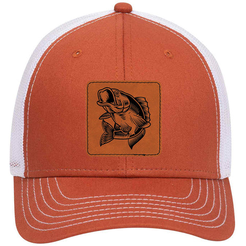 Bass Fish Square Leatherette Patch 6 Panel Low Profile Mesh Back Trucker Hat - For Men and Women