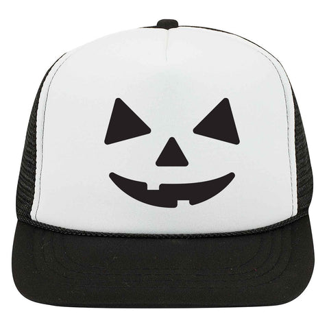 Youth Kid's Pumpkin Happy Face Puff Halloween Printed 5 Panel High Crown Foam Mesh Back Trucker Hat for Boys and Girls