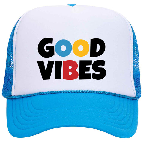 Good Vibes Suede Like Feel Textured Printed Neon 5 Panel High Crown Foam Mesh Back Trucker Hat