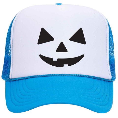 Pumpkin Happy Face Puff Halloween Printed 5 Panel High Crown Foam Mesh Back Trucker Hat - For Men and Women