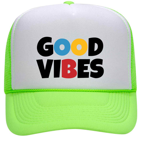 Good Vibes Suede Like Feel Textured Printed Neon 5 Panel High Crown Foam Mesh Back Trucker Hat