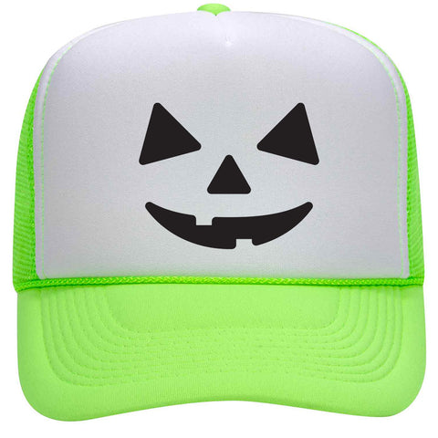 Pumpkin Happy Face Puff Halloween Printed 5 Panel High Crown Foam Mesh Back Trucker Hat - For Men and Women