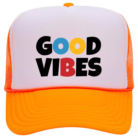 Good Vibes Suede Like Feel Textured Printed Neon 5 Panel High Crown Foam Mesh Back Trucker Hat