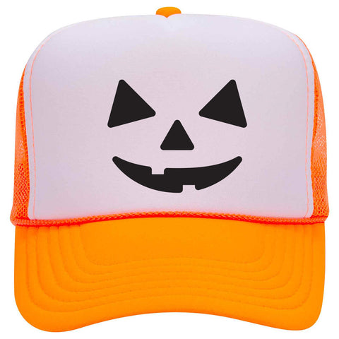 Pumpkin Happy Face Puff Halloween Printed 5 Panel High Crown Foam Mesh Back Trucker Hat - For Men and Women