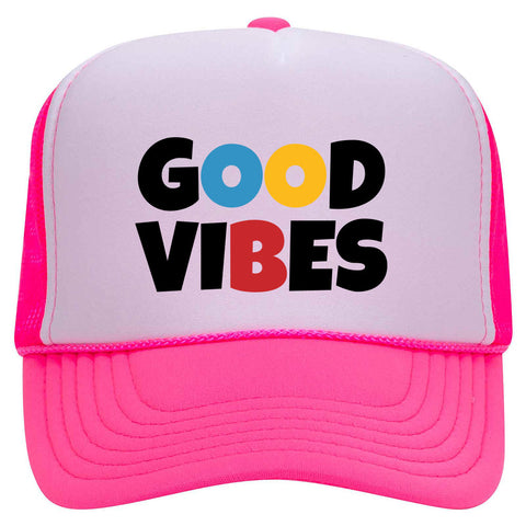 Good Vibes Suede Like Feel Textured Printed Neon 5 Panel High Crown Foam Mesh Back Trucker Hat