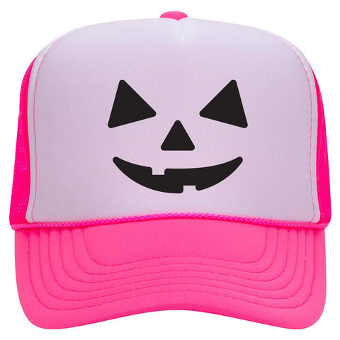 Pumpkin Happy Face Puff Halloween Printed 5 Panel High Crown Foam Mesh Back Trucker Hat - For Men and Women