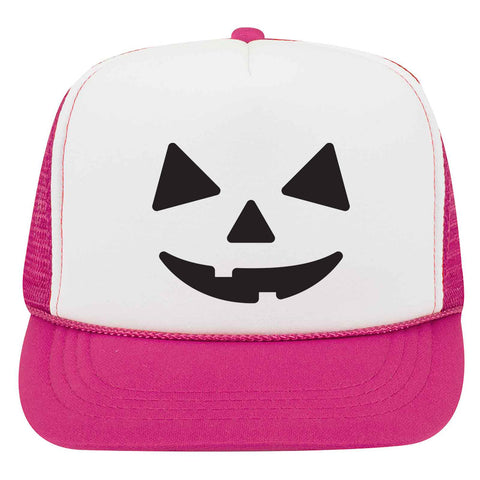 Youth Kid's Pumpkin Happy Face Puff Halloween Printed 5 Panel High Crown Foam Mesh Back Trucker Hat for Boys and Girls