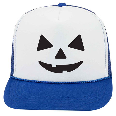 Youth Kid's Pumpkin Happy Face Puff Halloween Printed 5 Panel High Crown Foam Mesh Back Trucker Hat for Boys and Girls