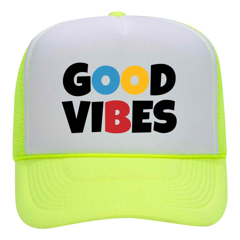 Good Vibes Suede Like Feel Textured Printed Neon 5 Panel High Crown Foam Mesh Back Trucker Hat