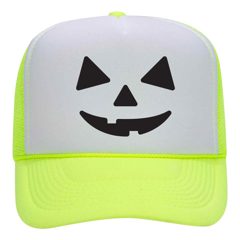 Pumpkin Happy Face Puff Halloween Printed 5 Panel High Crown Foam Mesh Back Trucker Hat - For Men and Women