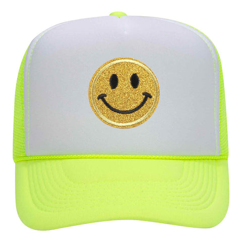 Yellow Glitter Happy Face Embroidered Patch Neon 5 Panel High Crown Foam Mesh Back Trucker Hat - For Men and Women