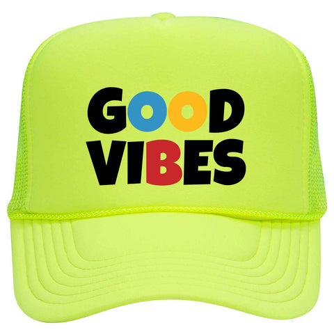 Good Vibes Suede Like Feel Textured Printed Neon 5 Panel High Crown Foam Mesh Back Trucker Hat