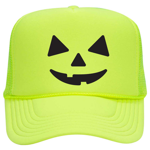 Pumpkin Happy Face Puff Halloween Printed 5 Panel High Crown Foam Mesh Back Trucker Hat - For Men and Women