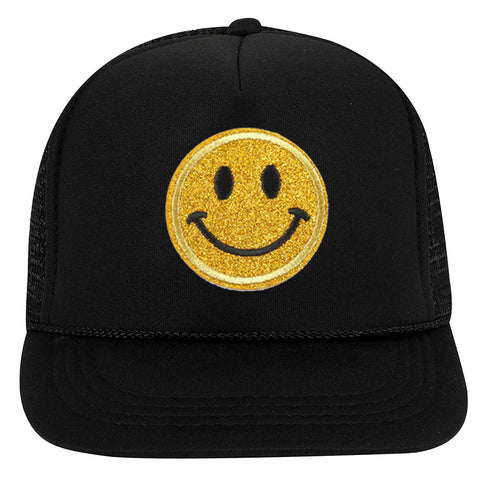 Youth Kid's Glitter Happy Face Embroidered Patch 5 Panel High Crown Foam Mesh Back Trucker Hat