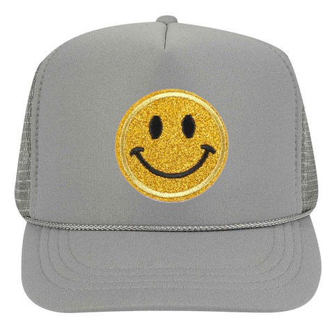 Youth Kid's Glitter Happy Face Embroidered Patch 5 Panel High Crown Foam Mesh Back Trucker Hat