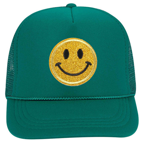 Youth Kid's Glitter Happy Face Embroidered Patch 5 Panel High Crown Foam Mesh Back Trucker Hat