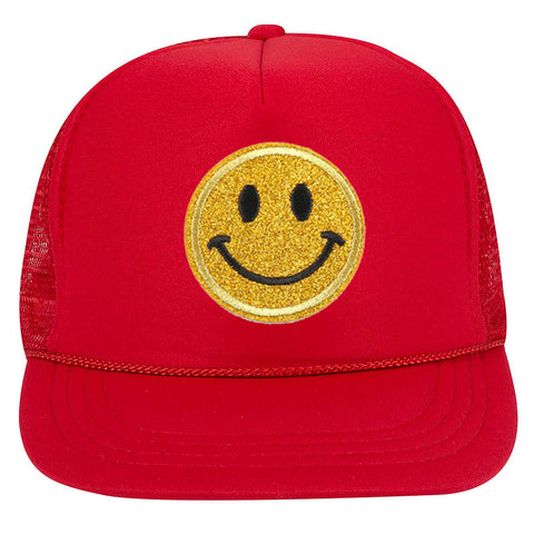 Youth Kid's Glitter Happy Face Embroidered Patch 5 Panel High Crown Foam Mesh Back Trucker Hat