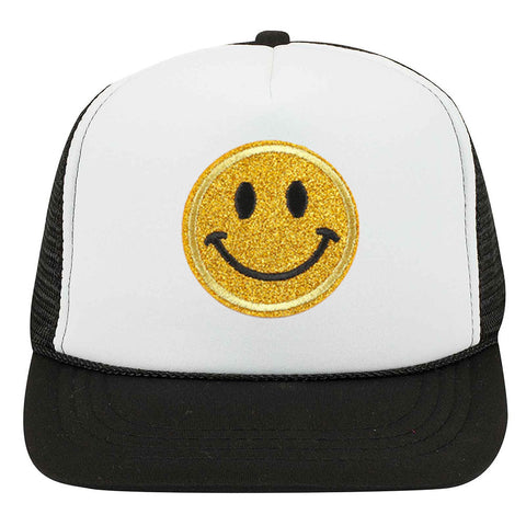 Youth Kid's Glitter Happy Face Embroidered Patch 5 Panel High Crown Foam Mesh Back Trucker Hat