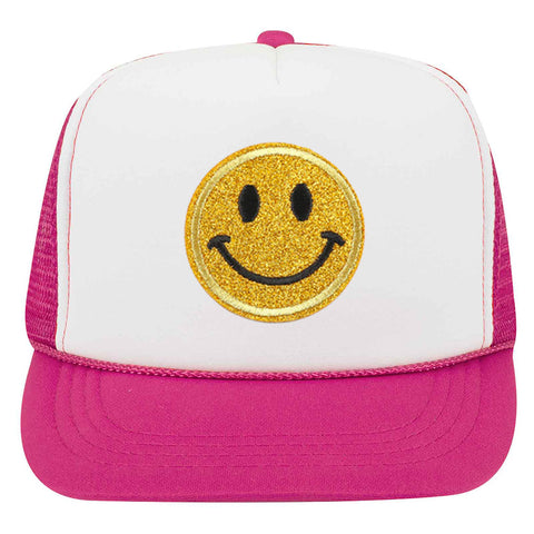 Youth Kid's Glitter Happy Face Embroidered Patch 5 Panel High Crown Foam Mesh Back Trucker Hat