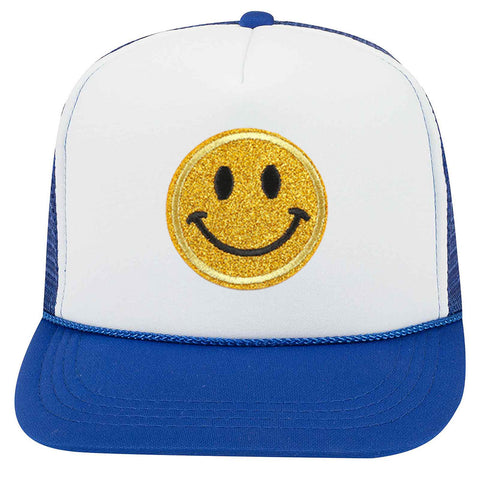 Youth Kid's Glitter Happy Face Embroidered Patch 5 Panel High Crown Foam Mesh Back Trucker Hat