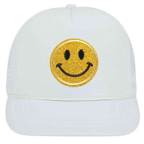 Youth Kid's Glitter Happy Face Embroidered Patch 5 Panel High Crown Foam Mesh Back Trucker Hat