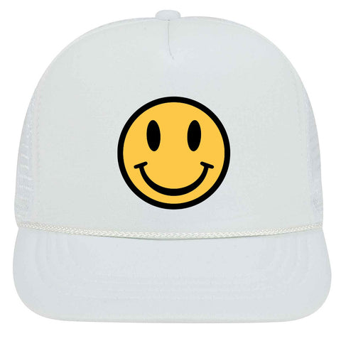 Youth Kid's Happy Face Suede Like Feel Textured Printed 5 Panel High Crown Foam Mesh Back Trucker Hat