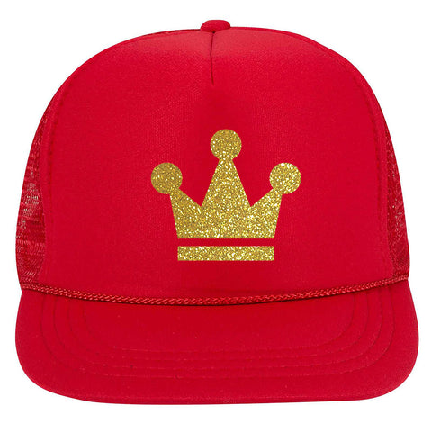 Youth Kid's Gold Crown Glitter Printed 5 Panel High Crown Foam Mesh Back Trucker Hat for Boys and Girls