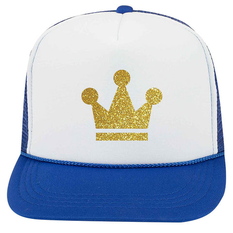 Youth Kid's Gold Crown Glitter Printed 5 Panel High Crown Foam Mesh Back Trucker Hat for Boys and Girls